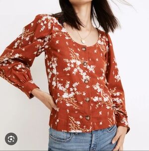 Madewell Corduroy Shirred-Sleeve Button-Front Top In Farmstand Bouquet Rusty